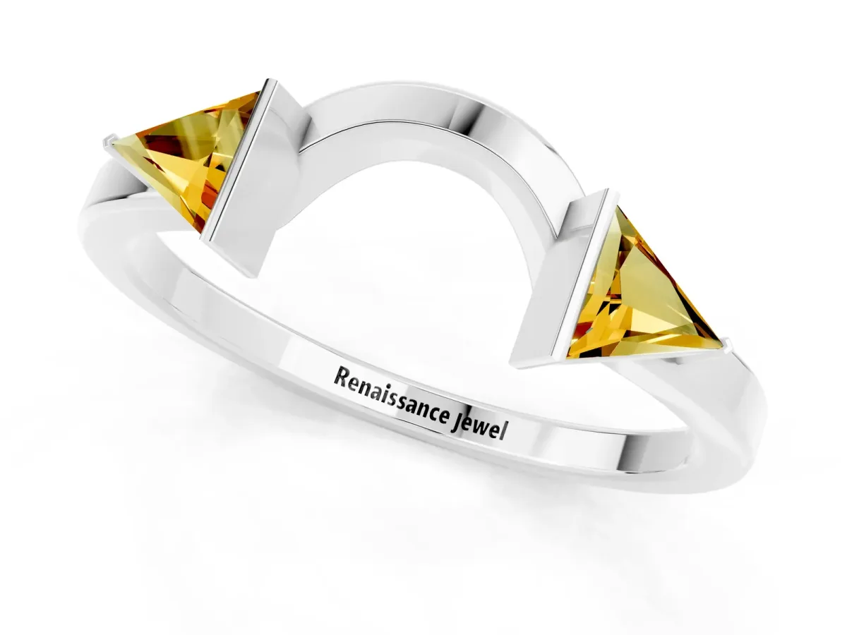 Trillion Citrine Open Band Ring with Bezel Setting Platinum