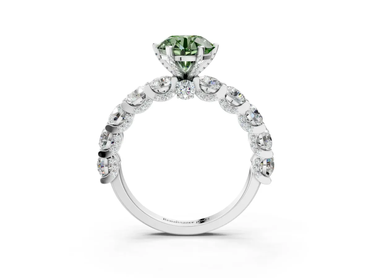 Fancy Green Round Cut Diamond Side Stone Engagement Ring with Four-Prong Setting White gold