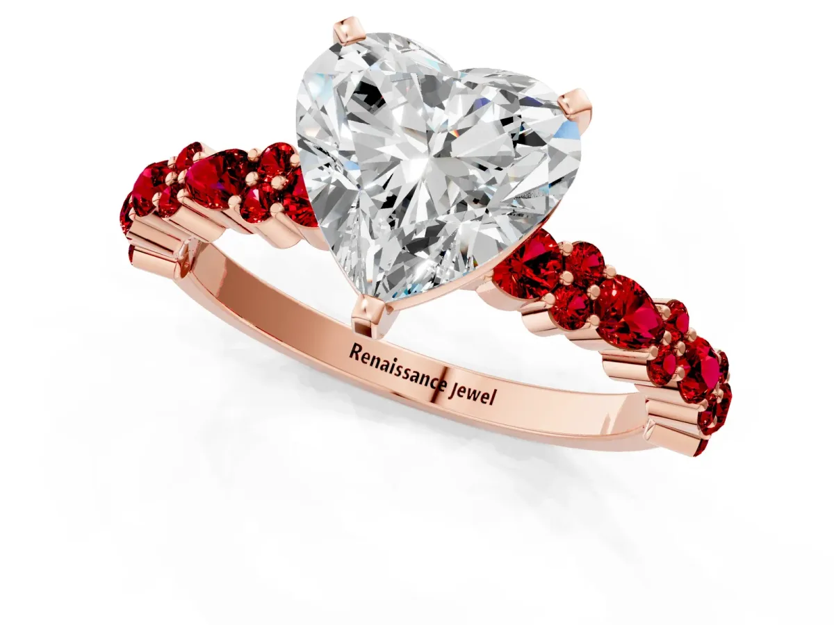 Heart Cut Diamond Side Stone Solitaire Ring with Round Ruby and Four-Prong Setting Rose gold