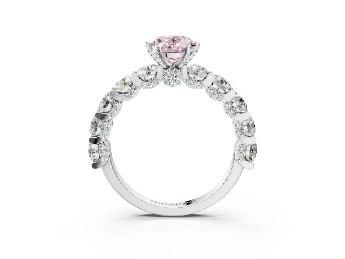Fancy Pink Oval Cut Diamond Side Stone Engagement Ring with Four-Prong Setting Platinum