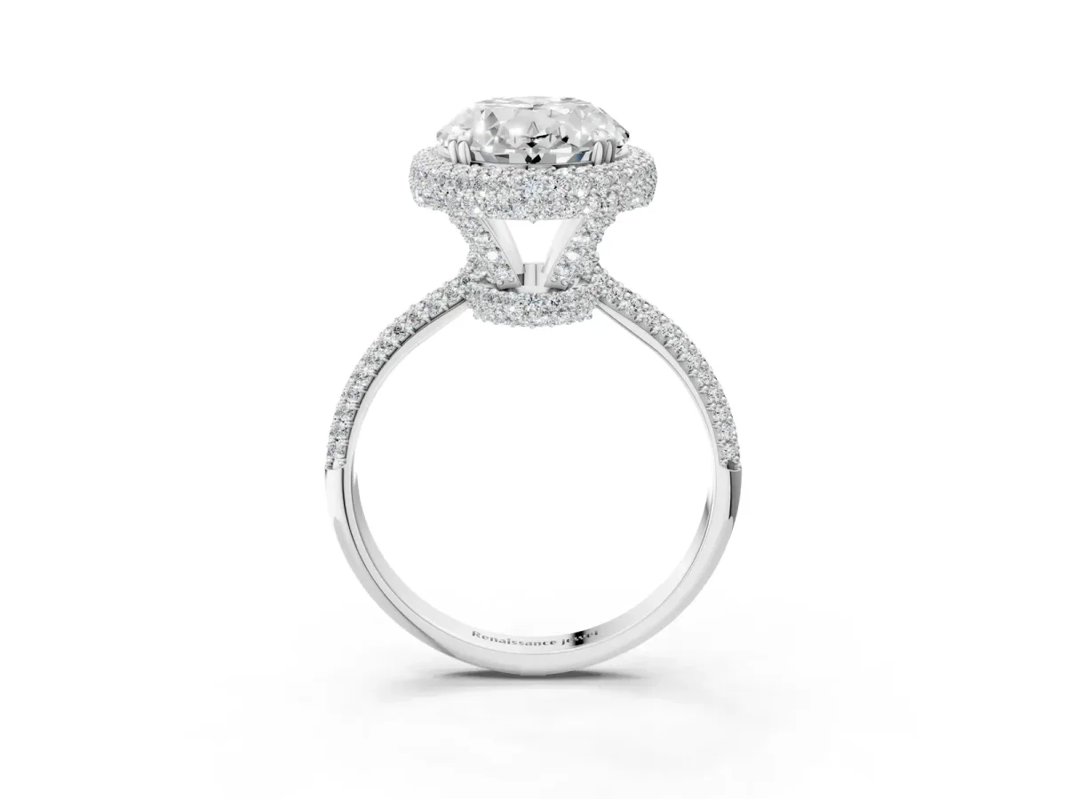 Oval Diamond Halo Ring with Round Diamond Accents Silver
