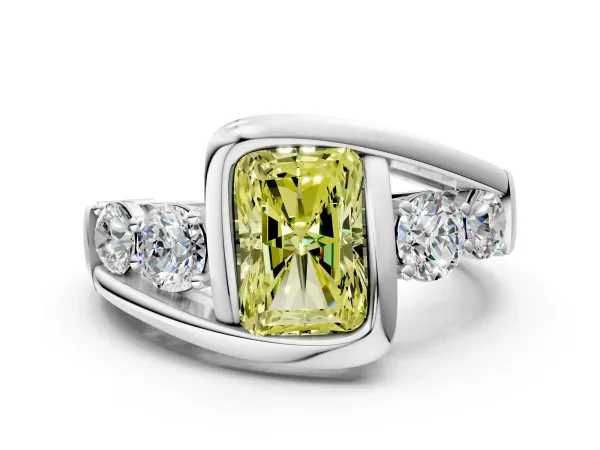 Fancy Yellow Bezel Set Radiant Cut Diamond Bypass Ring with Round Accents Platinum