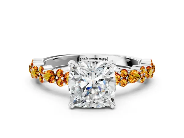 Cushion Cut Diamond Side Stone Solitaire Ring with Round Citrine and Four-Prong Setting Platinum