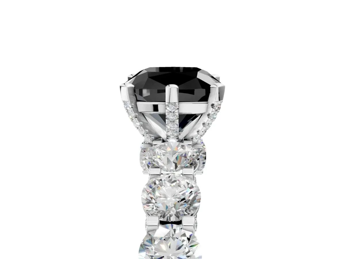 Fancy Black Cushion Cut Diamond Side Stone Engagement Ring with Four-Prong Setting White gold