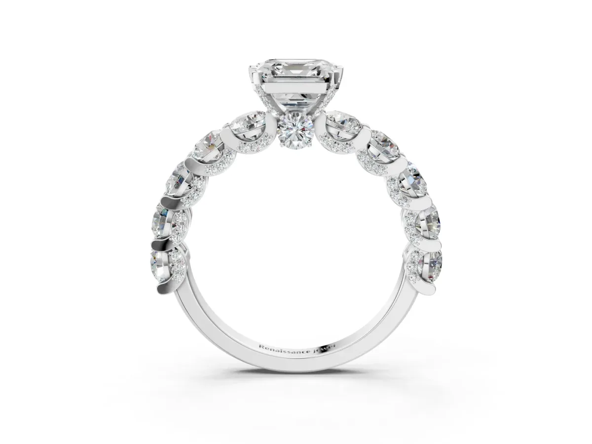 Asscher Cut Diamond Side Stone Engagement Ring with Four-Prong Setting White gold