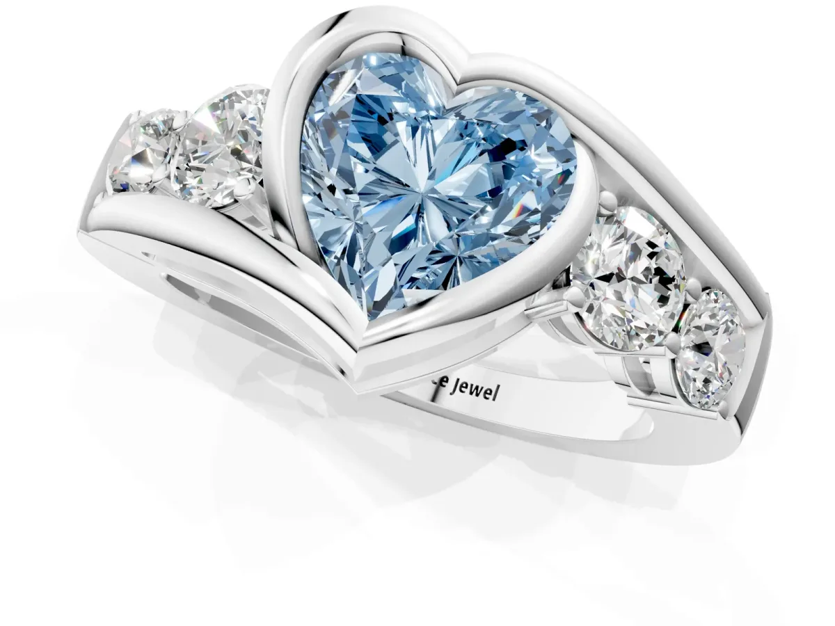Fancy Blue Bezel Set Heart Cut Diamond Bypass Ring with Round Accents Platinum