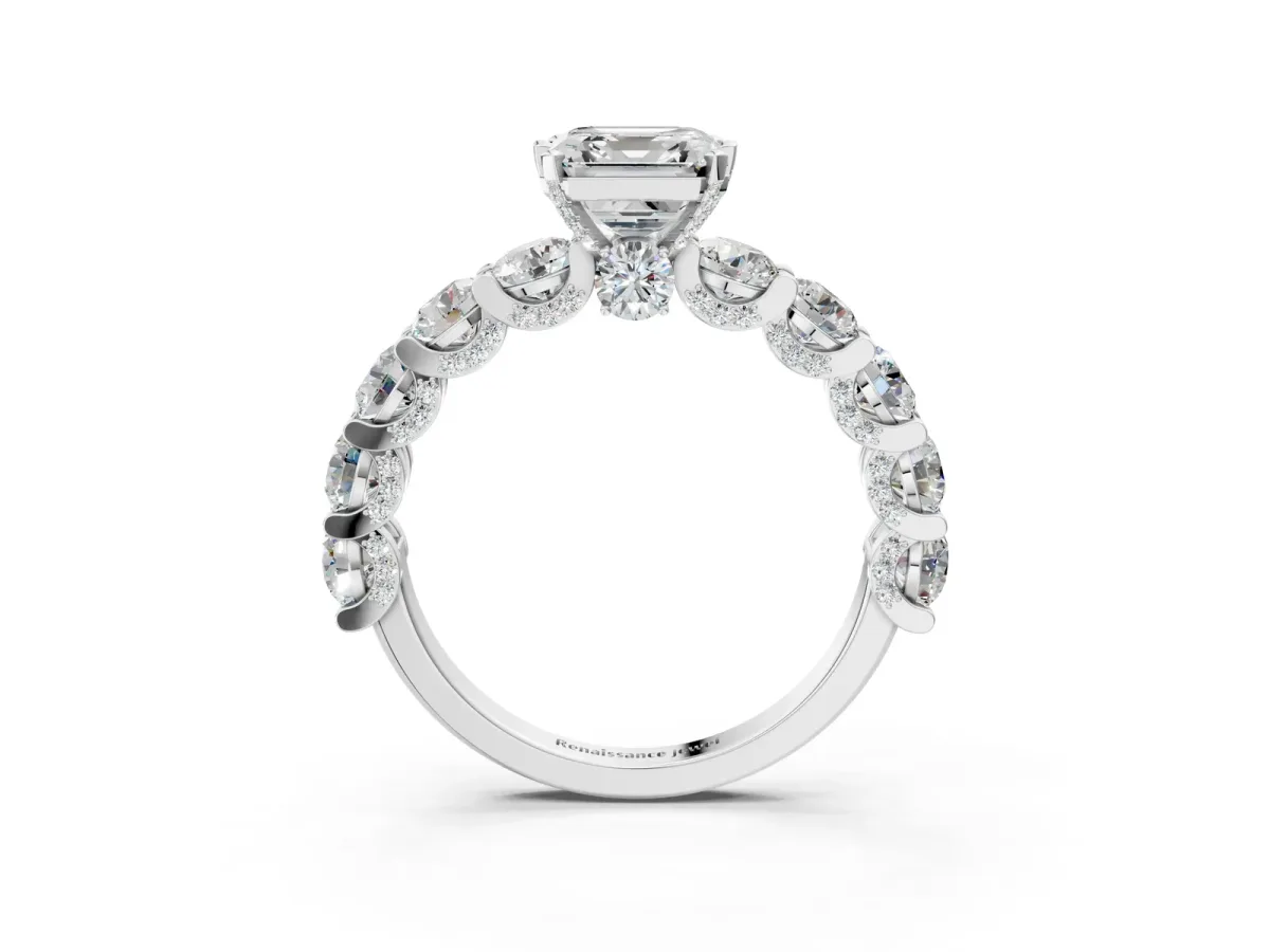 Asscher Cut Diamond Side Stone Engagement Ring with Four-Prong Setting White gold