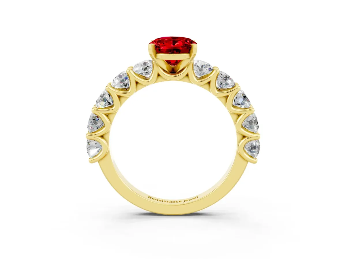 Oval Cut Ruby Prong Setting with Side Stones on a Pave Band Yellow gold