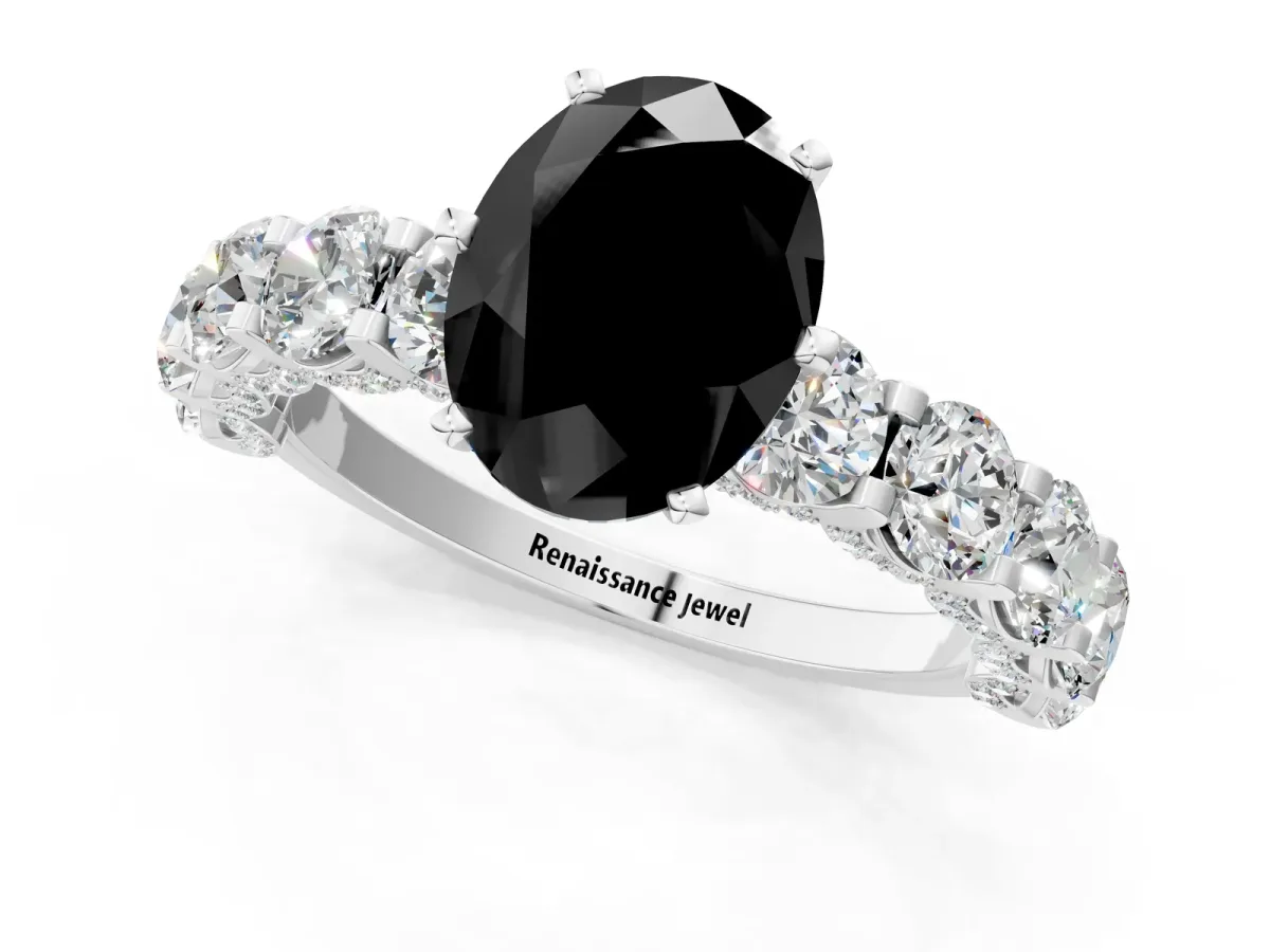 Fancy Black Oval Cut Diamond Side Stone Engagement Ring with Four-Prong Setting White gold