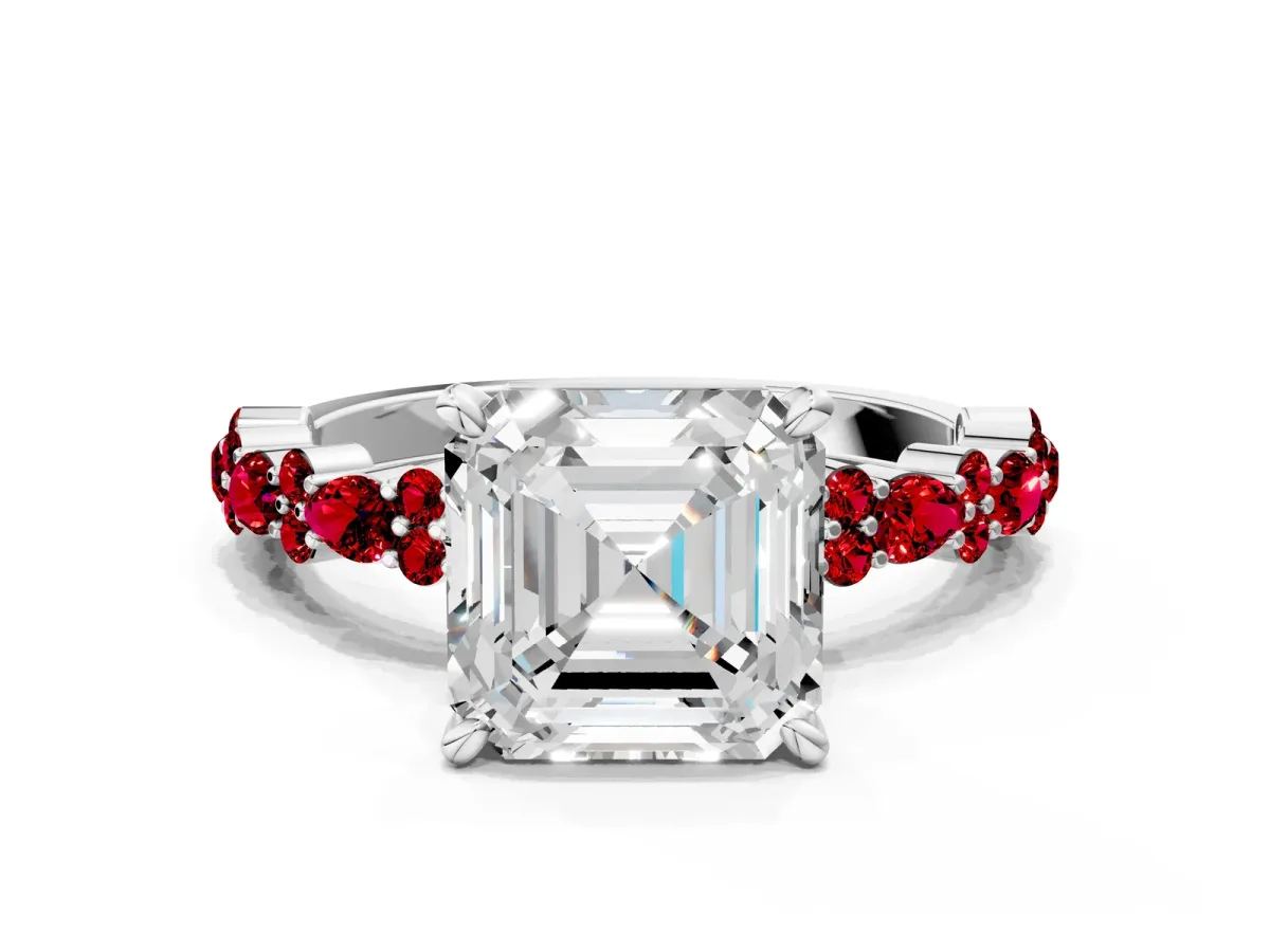 Asscher Cut Diamond Side Stone Solitaire Ring with Round Ruby and Four-Prong Setting Platinum
