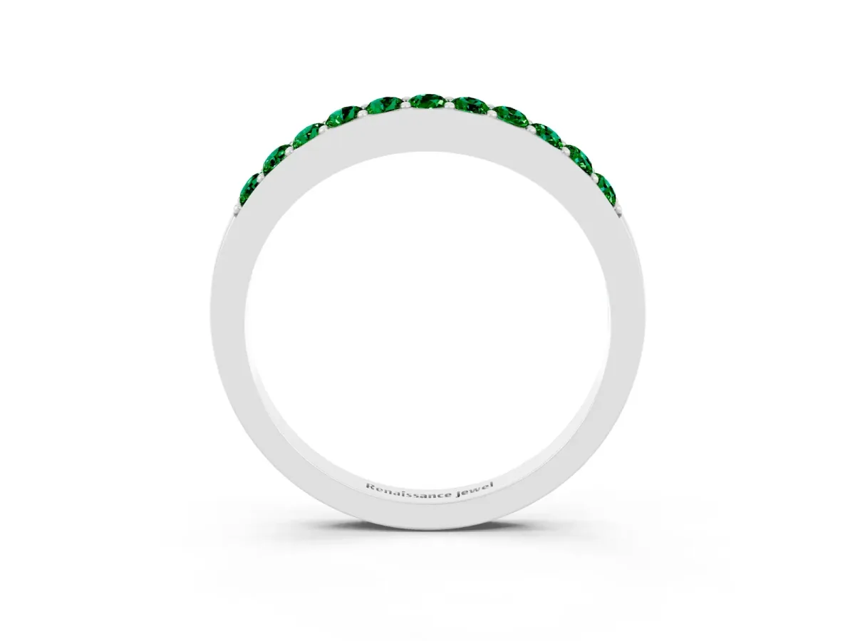 Round Emerald Curved Wedding Band with Channel Setting White gold