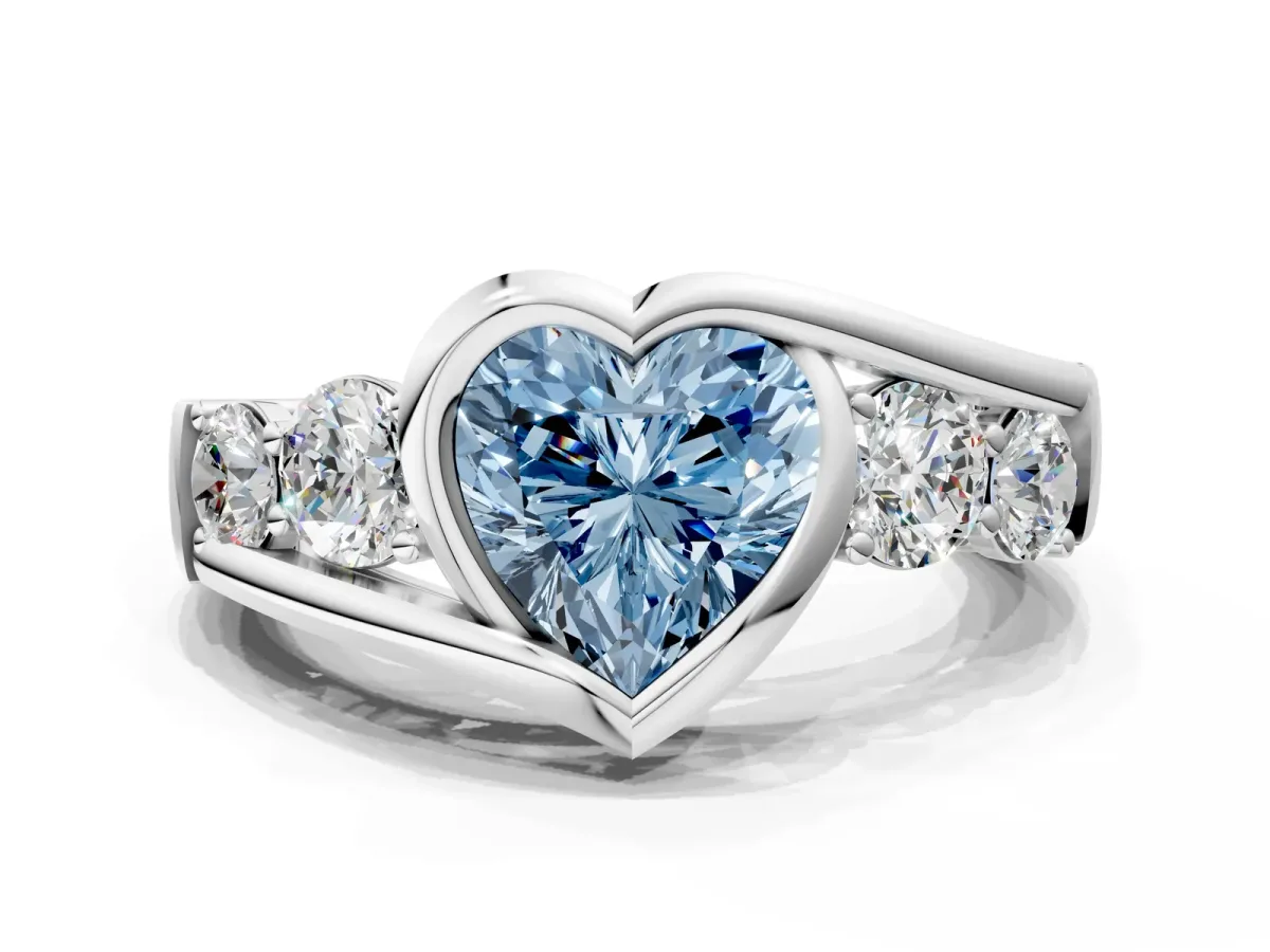 Fancy Blue Bezel Set Heart Cut Diamond Bypass Ring with Round Accents Platinum