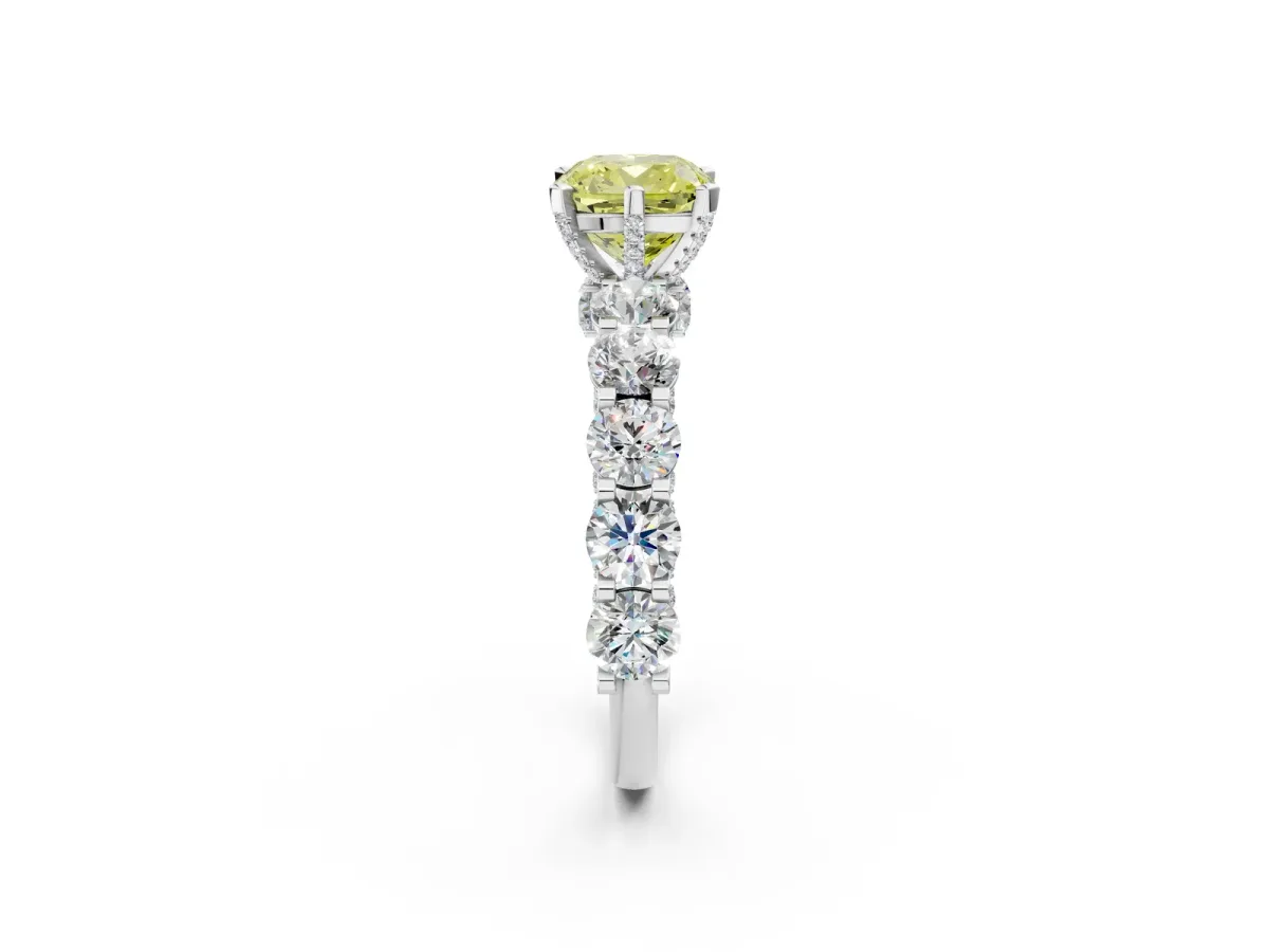 Fancy Yellow Cushion Cut Diamond Side Stone Engagement Ring with Four-Prong Setting Silver
