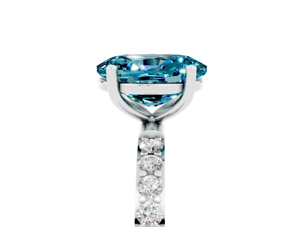 Oval Cut Blue Topaz Solitaire Ring with Round Pavé Band and Prong Setting Silver