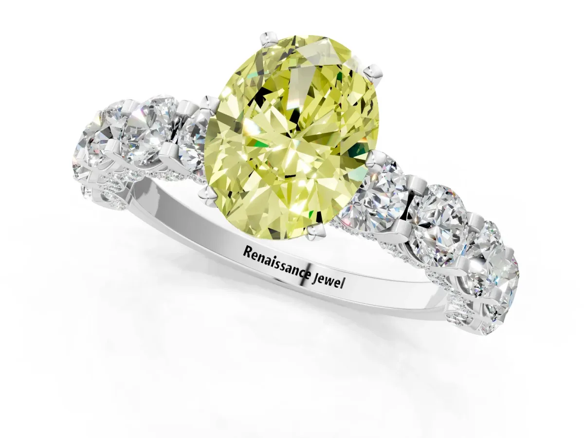 Fancy Yellow Oval Cut Diamond Side Stone Engagement Ring with Four-Prong Setting Silver