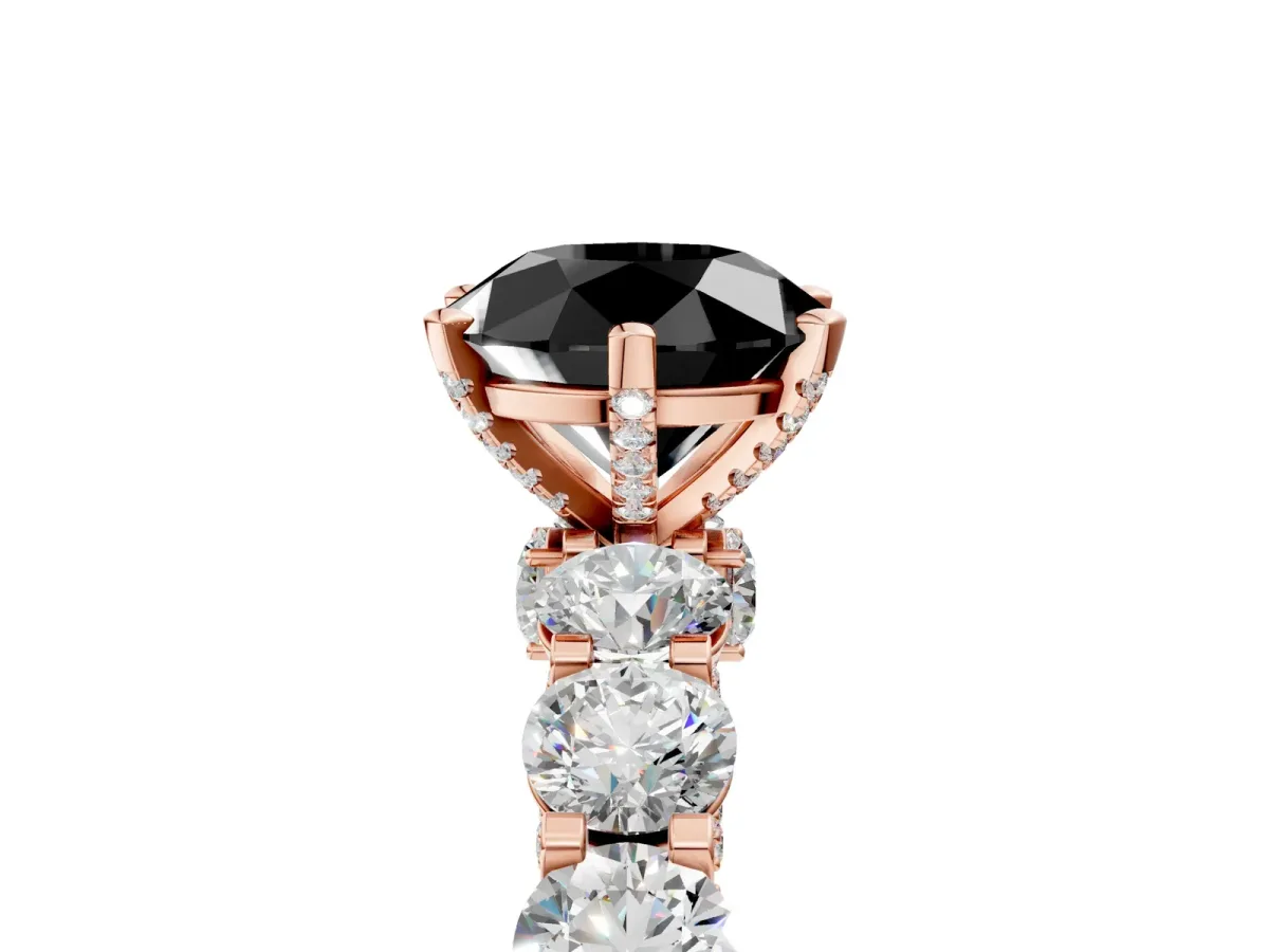 Fancy Black Round Cut Diamond Side Stone Engagement Ring with Four-Prong Setting Rose gold