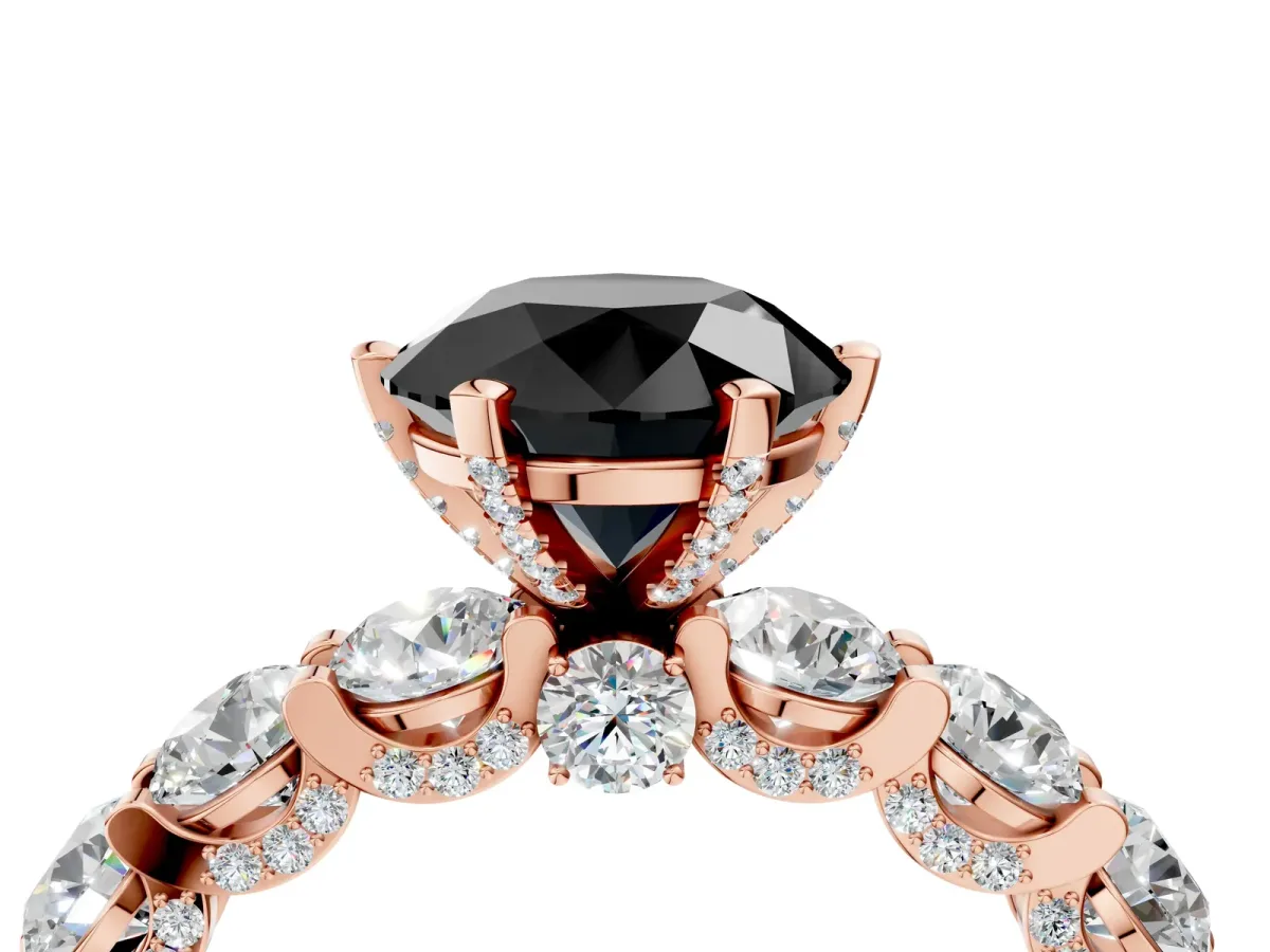 Fancy Black Round Cut Diamond Side Stone Engagement Ring with Four-Prong Setting Rose gold