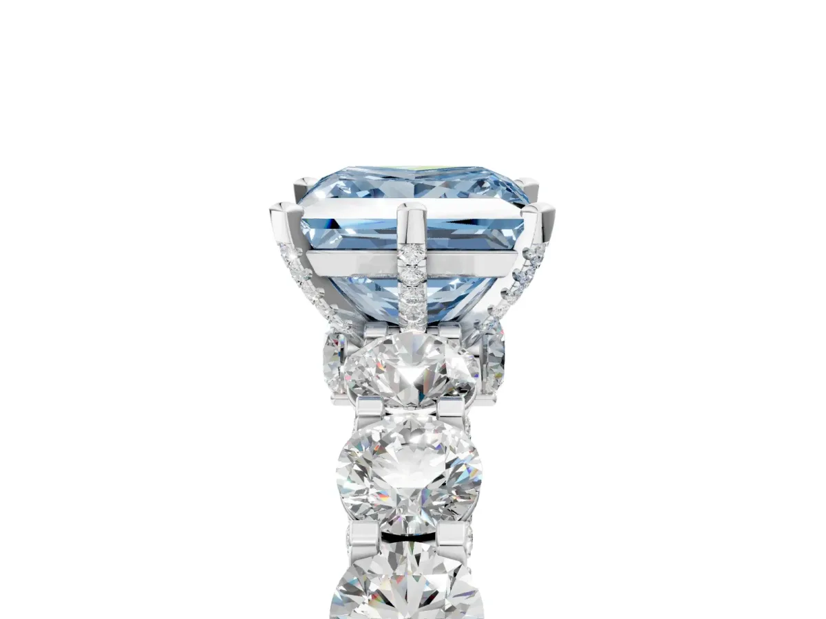 Fancy Blue Princess Cut Diamond Side Stone Engagement Ring with Four-Prong Setting White gold