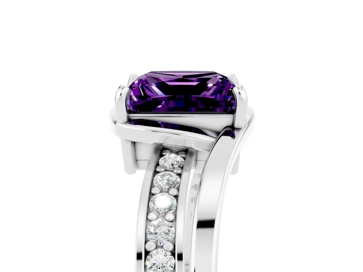 Princess Cut Amethyst Solitaire Ring with Split Shank and Prong Setting Platinum