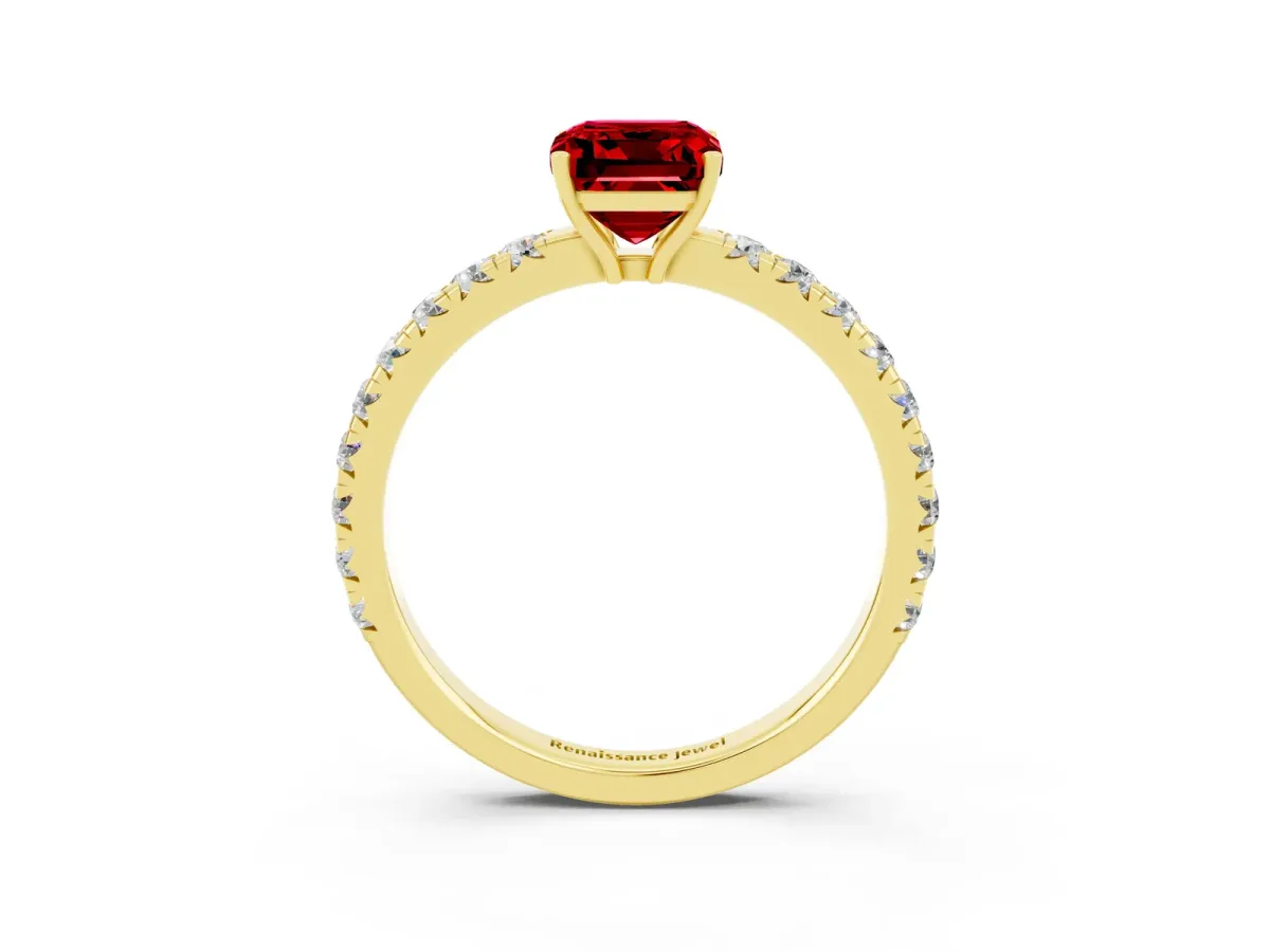 Emerald Cut Ruby Pavé Solitaire Engagement Ring with Four-Prong Setting Yellow gold