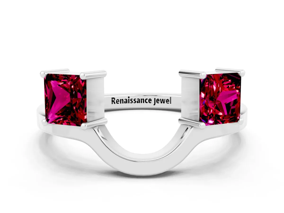 Princess Cut Garnet Two-Stone Open Band Ring with Four-Prong Setting Silver