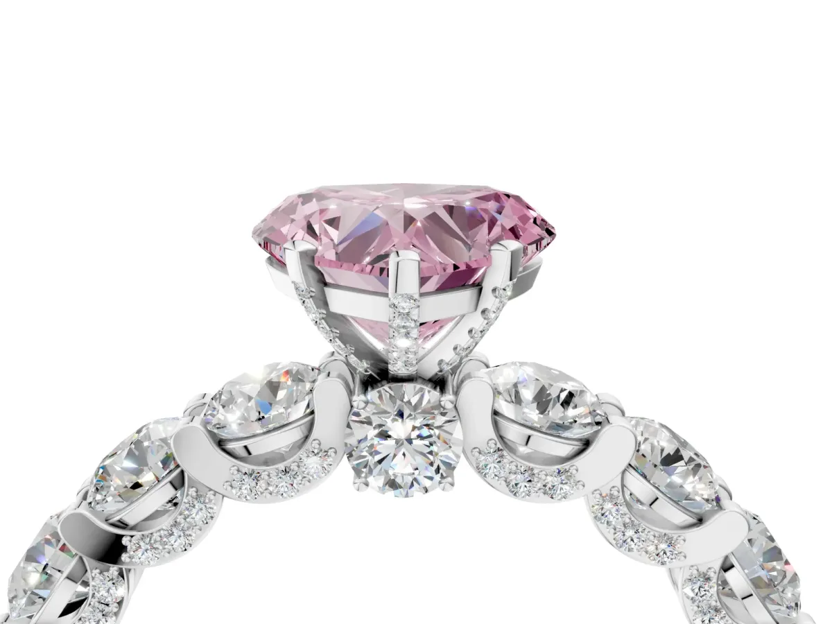 Fancy Pink Heart Cut Diamond Side Stone Engagement Ring with Four-Prong Setting Silver