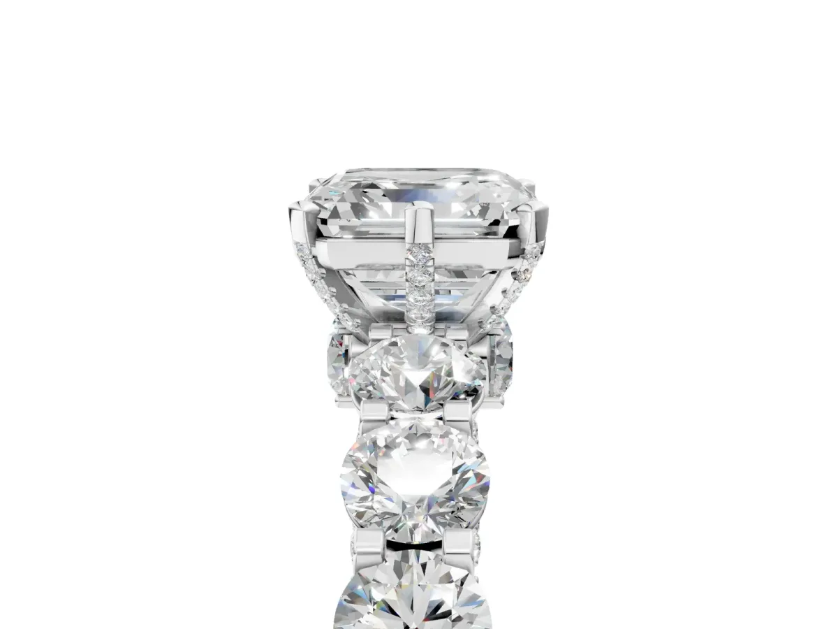 Asscher Cut Diamond Side Stone Engagement Ring with Four-Prong Setting White gold