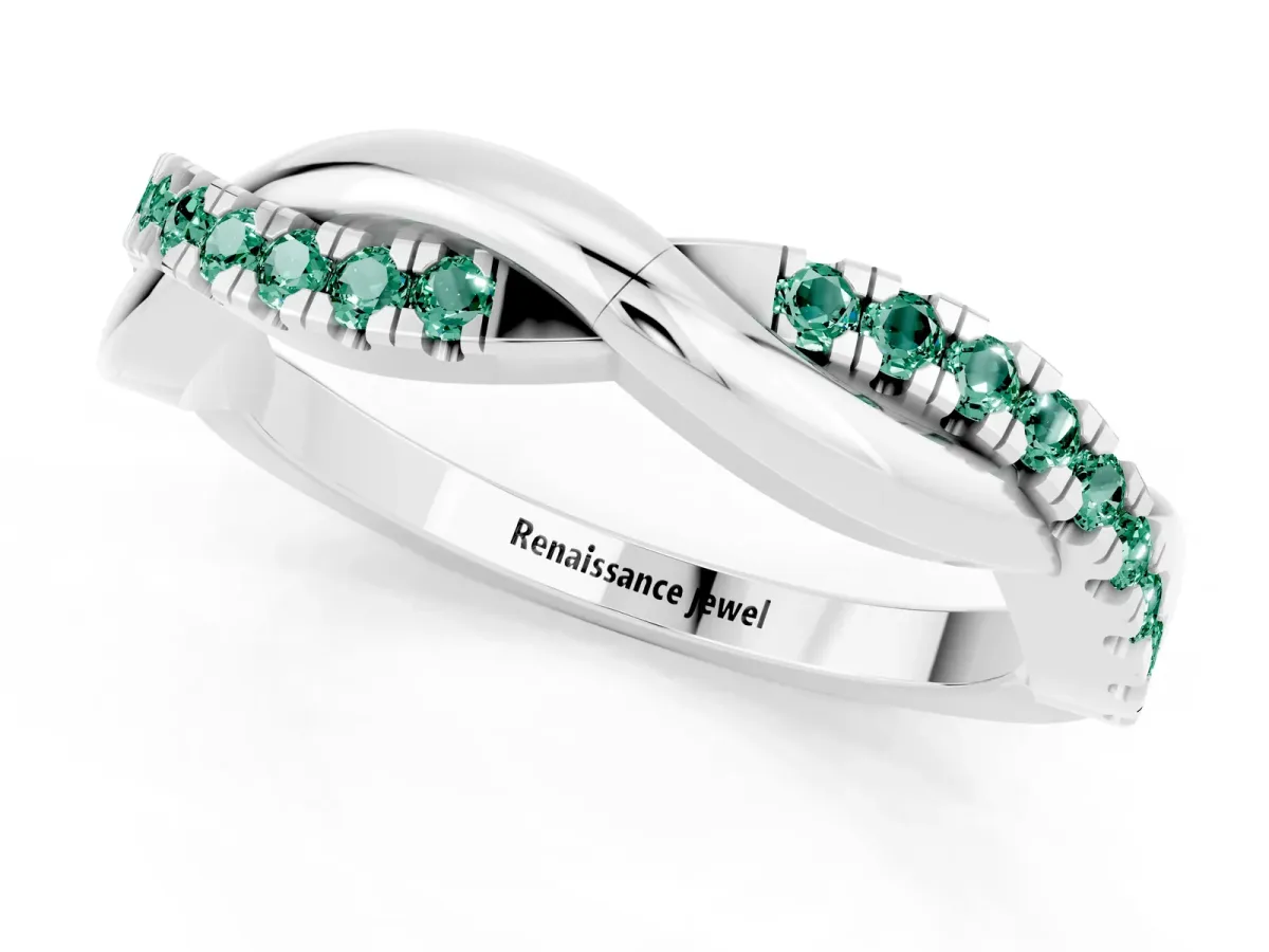 Round Green Sapphire Twisted Infinity Band with Prong Setting White gold