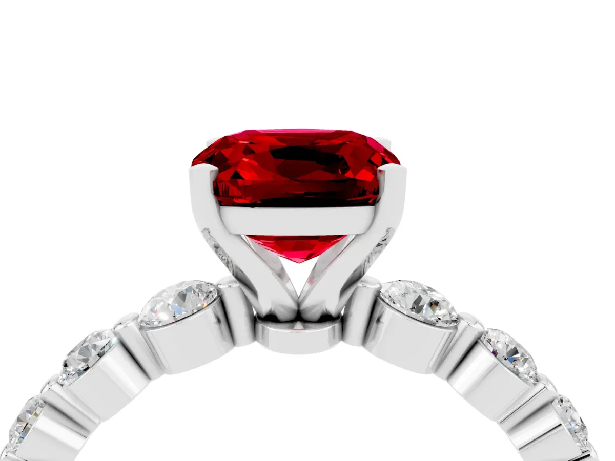 Cushion Cut Solitaire Ruby Ring with Pave Band and Four-Prong Setting Silver