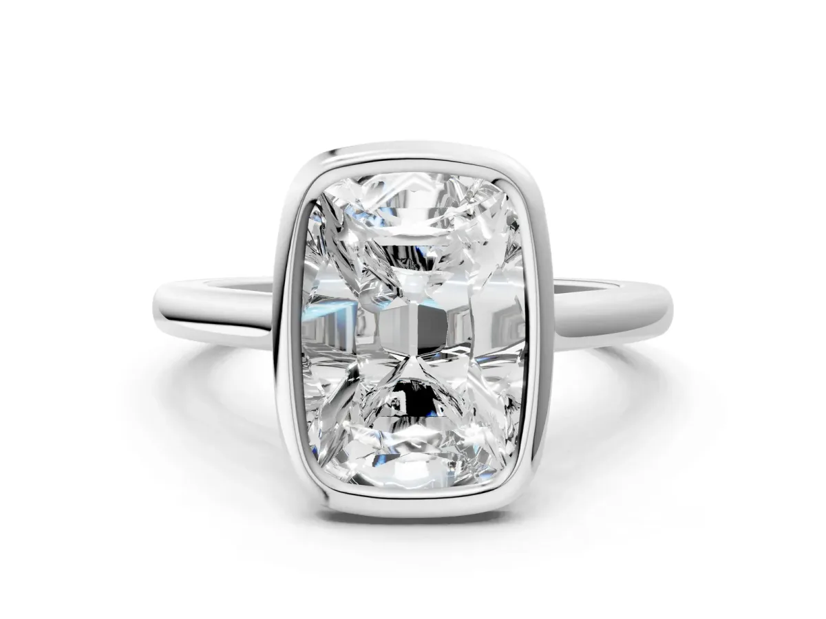 Old Mine Elongated Cushion Diamond Bezel Set Ring White gold