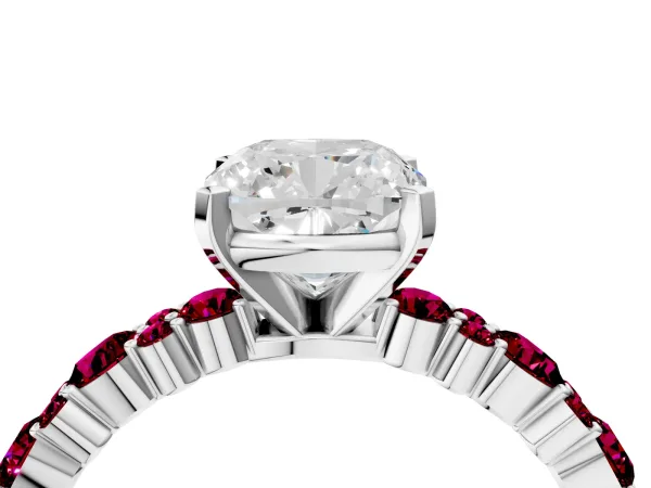 Cushion Cut Diamond Side Stone Solitaire Ring with Round Garnet and Four-Prong Setting Platinum