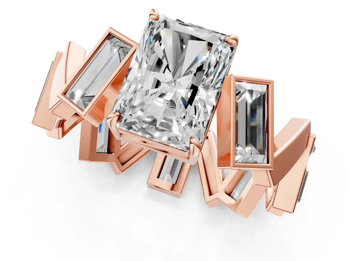 Radiant Diamond Geometric Side Stone Engagement Ring Rose gold