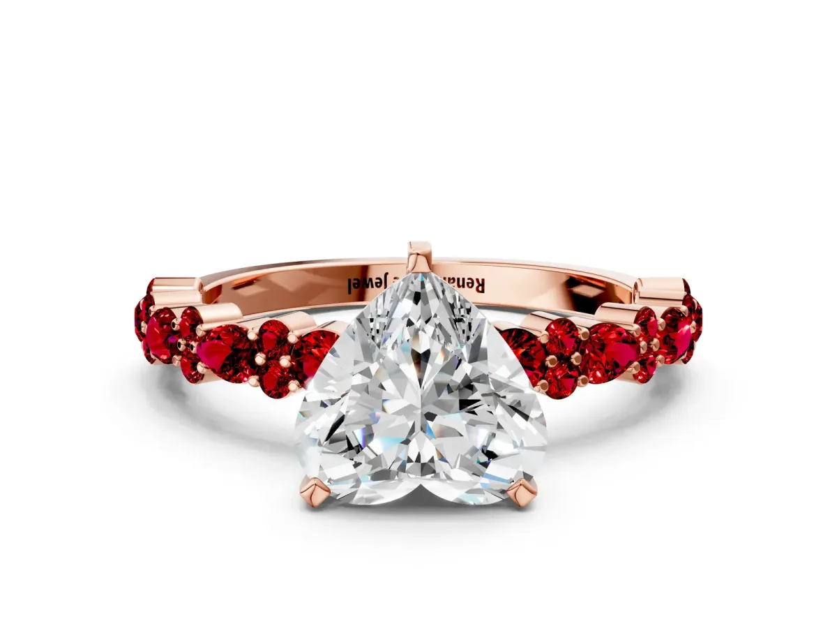 Heart Cut Diamond Side Stone Solitaire Ring with Round Ruby and Four-Prong Setting Rose gold