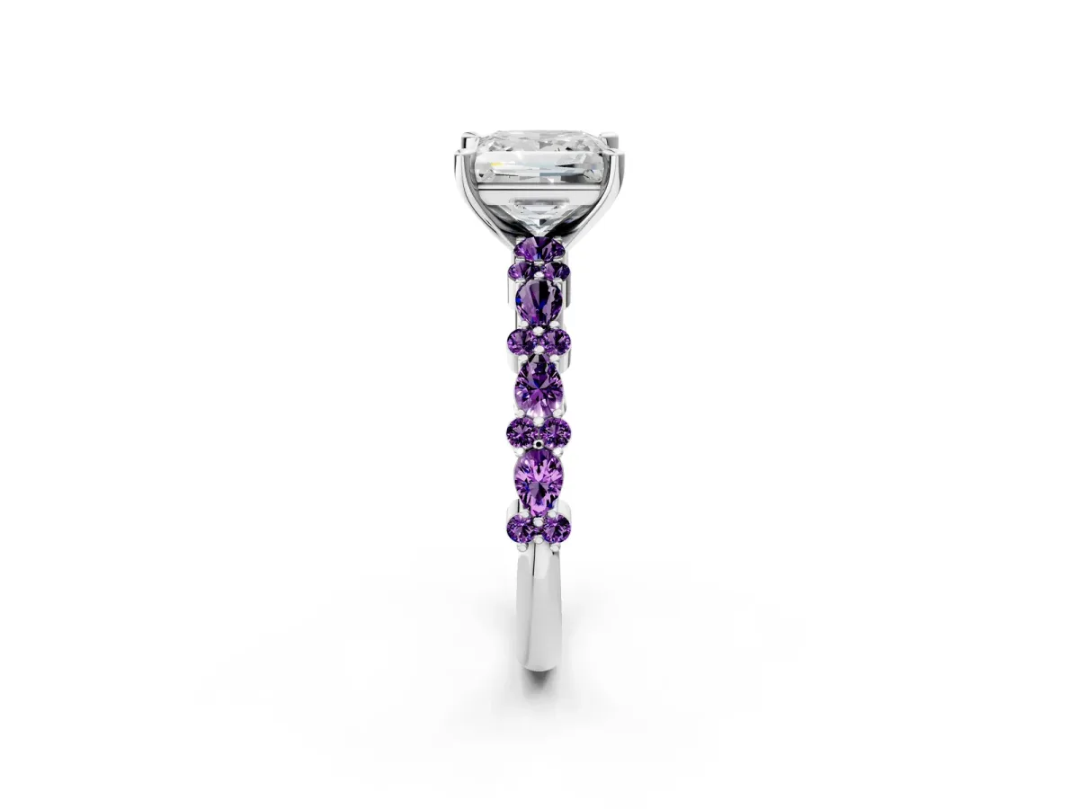 Princess Cut Diamond Side Stone Solitaire Ring with Round Amethyst and Four-Prong Setting Platinum