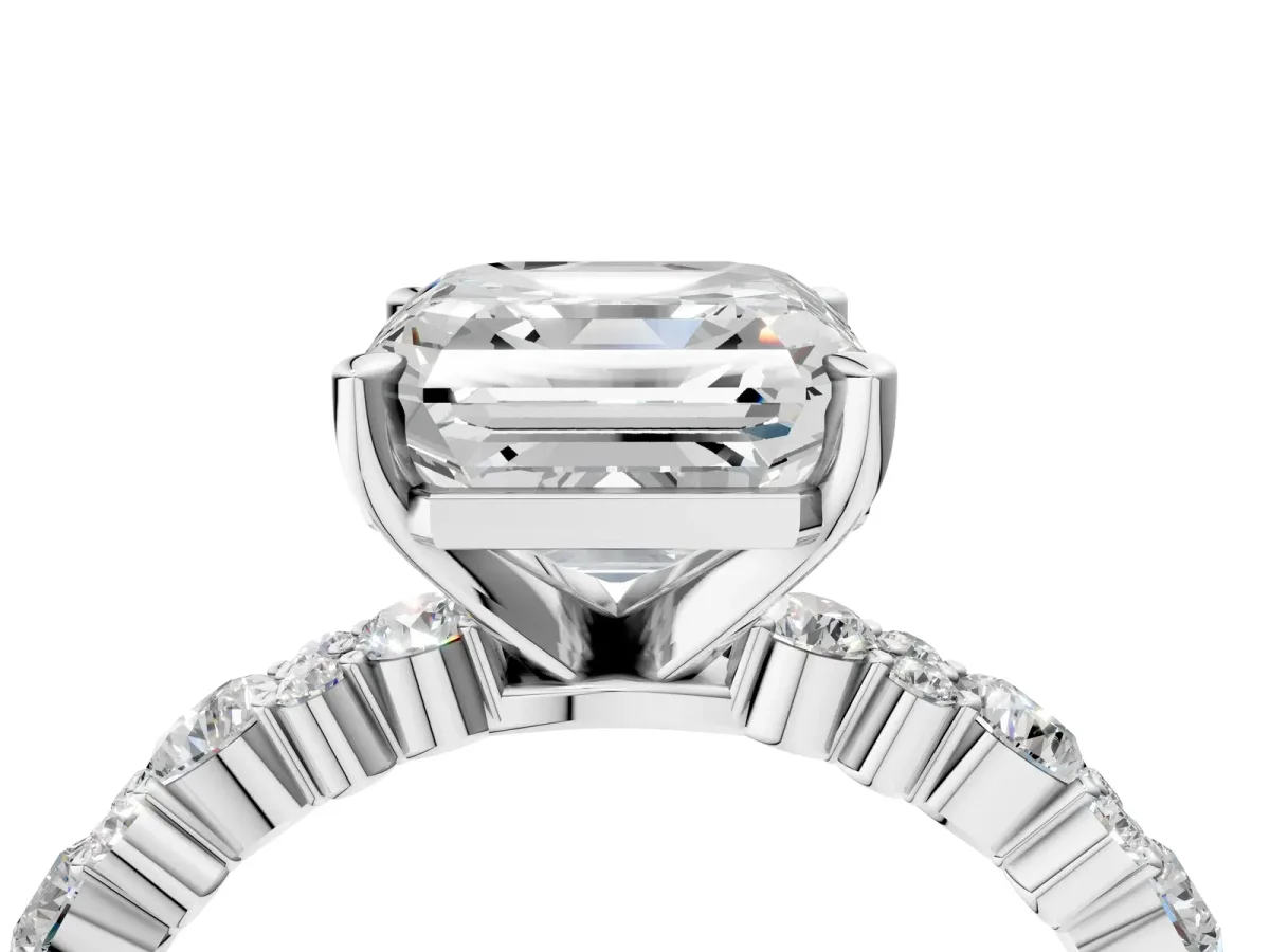 Asscher Cut Diamond Side Stone Solitaire Ring with Round and Four-Prong Setting Platinum