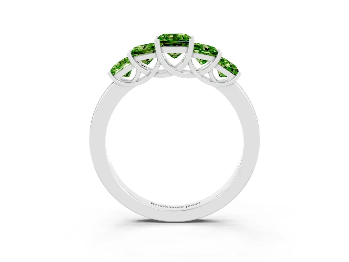 Princess Cut Five-Stone Peridot Ring with Classic Prong Setting Silver