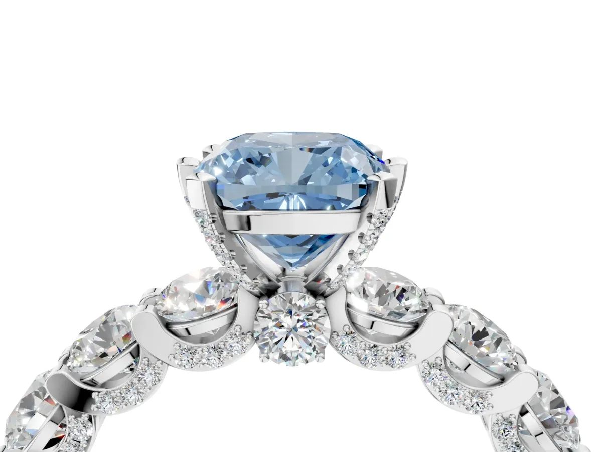 Fancy Blue Cushion Cut Diamond Side Stone Engagement Ring with Four-Prong Setting Silver