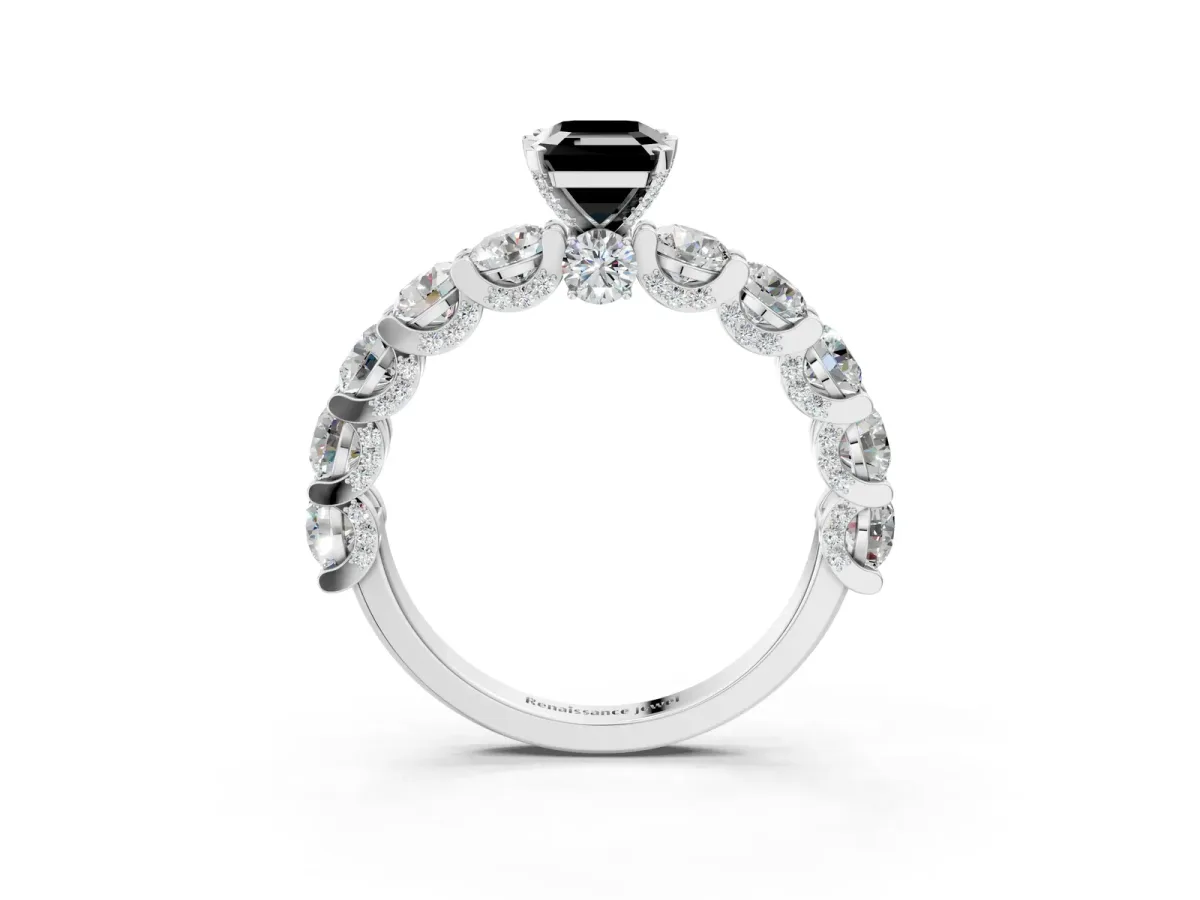 Fancy Black Emerald Cut Diamond Side Stone Engagement Ring with Four-Prong Setting White gold