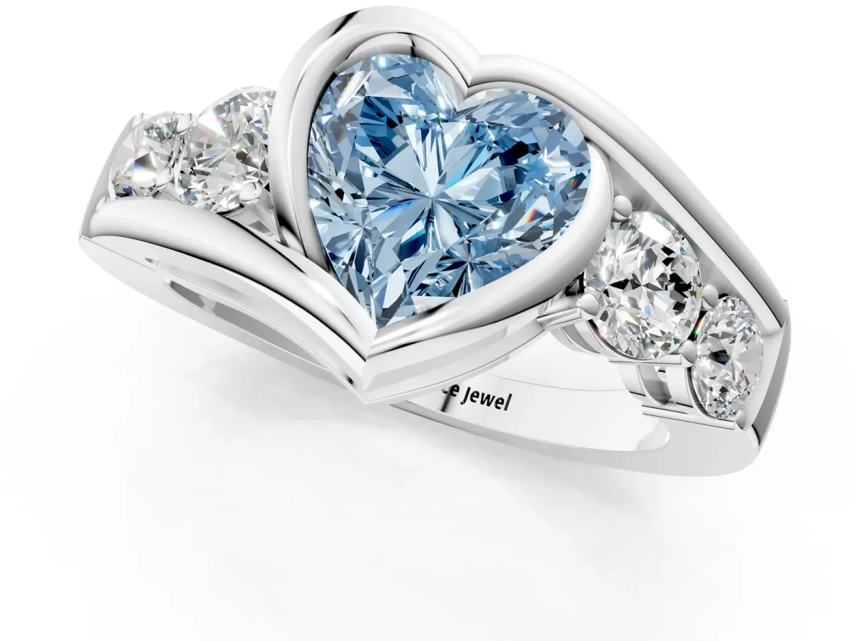 Fancy Blue Bezel Set Heart Cut Diamond Bypass Ring with Round Accents Platinum