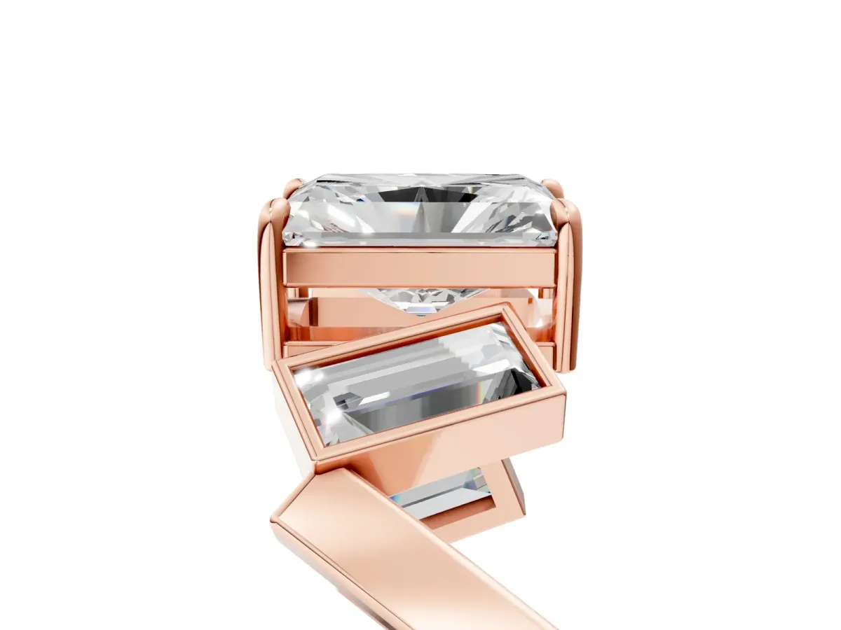 Radiant Diamond Geometric Side Stone Engagement Ring Rose gold