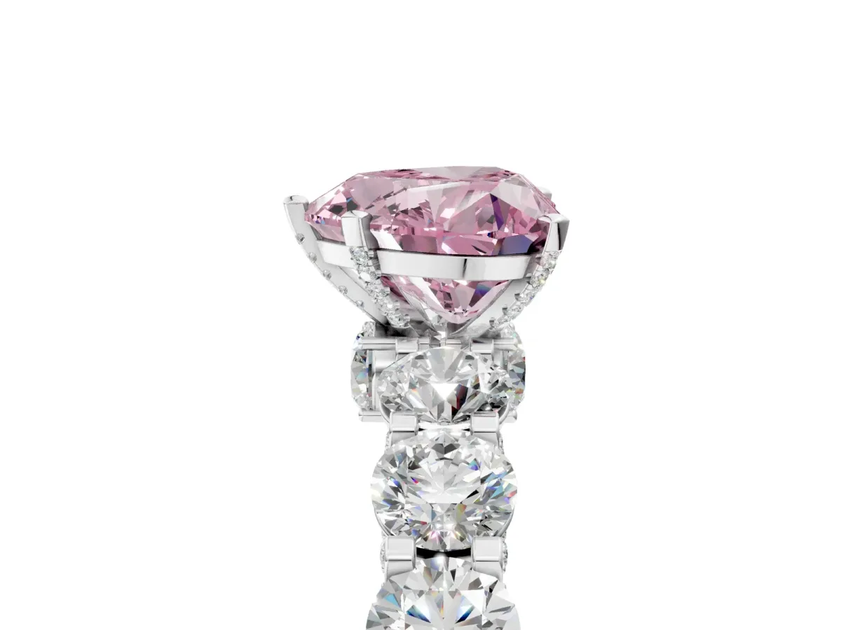 Fancy Pink Heart Cut Diamond Side Stone Engagement Ring with Four-Prong Setting Silver