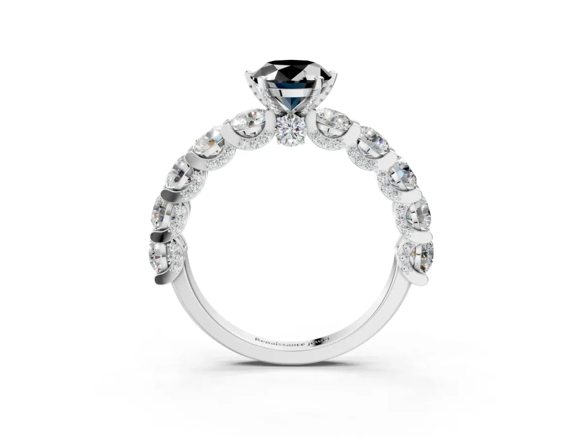 Fancy Black Oval Cut Diamond Side Stone Engagement Ring with Four-Prong Setting White gold