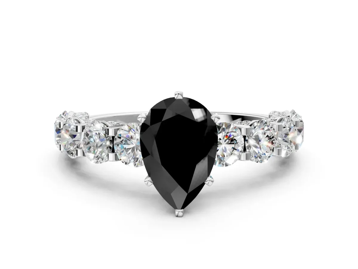 Fancy Black Pear Cut Diamond Side Stone Engagement Ring with Four-Prong Setting White gold