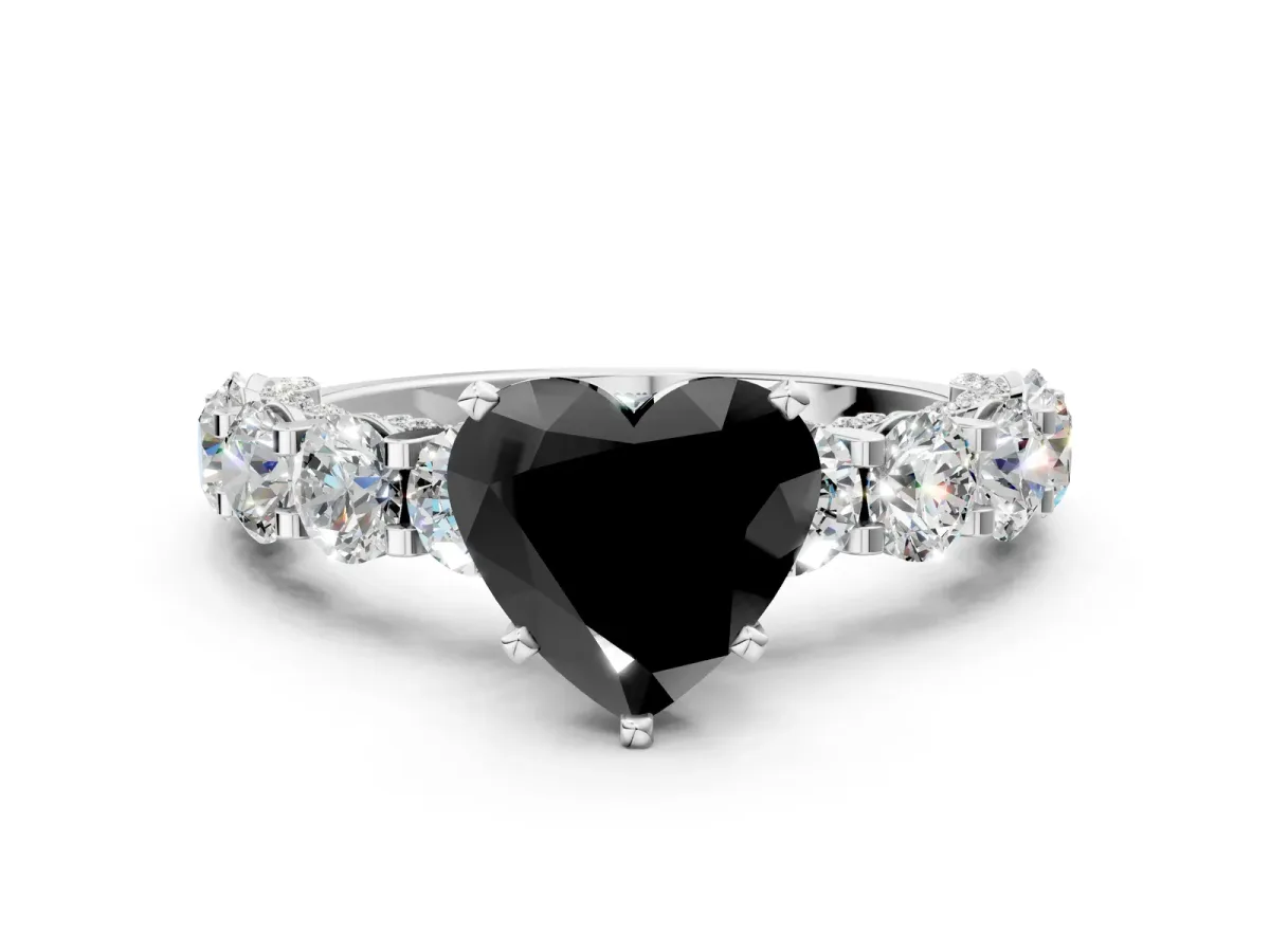 Fancy Black Heart Cut Diamond Side Stone Engagement Ring with Four-Prong Setting White gold