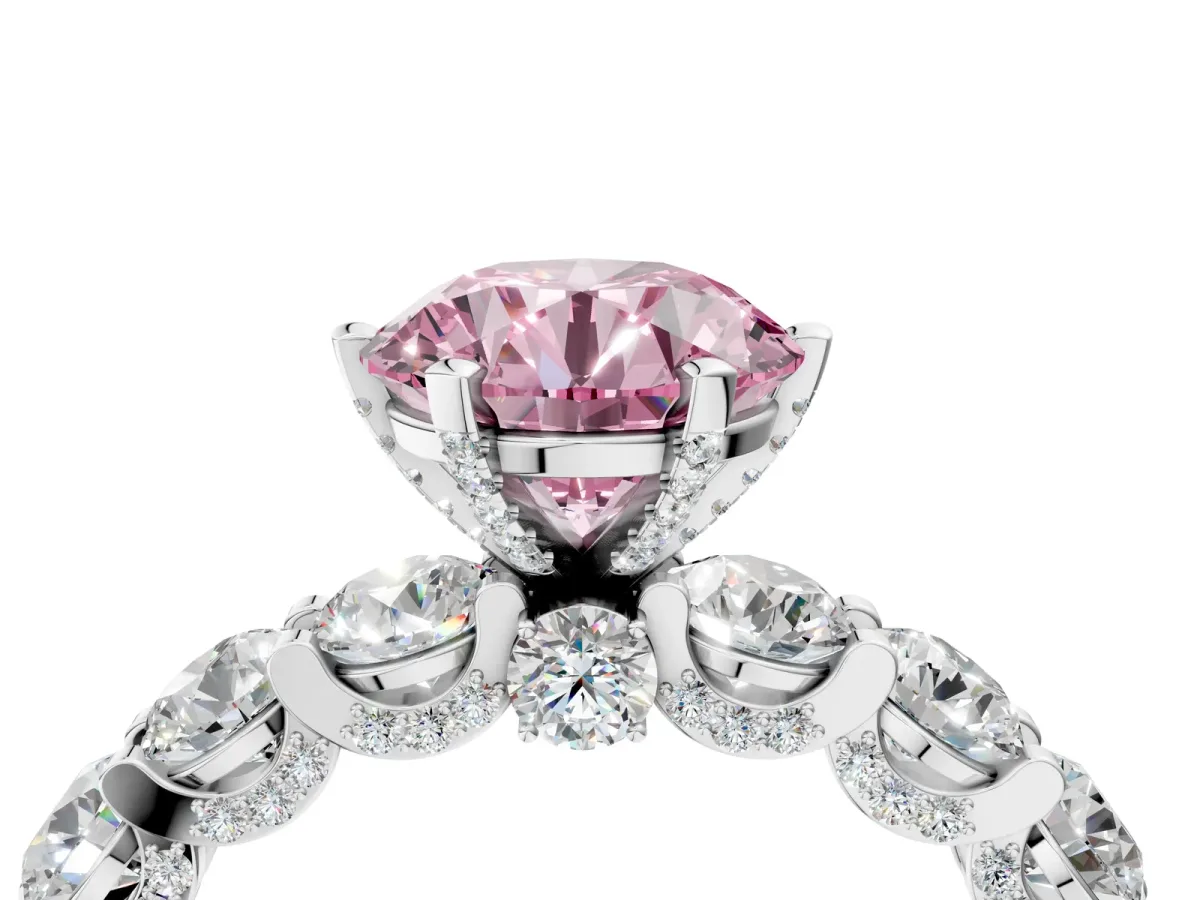 Fancy Pink Round Cut Diamond Side Stone Engagement Ring with Four-Prong Setting White gold