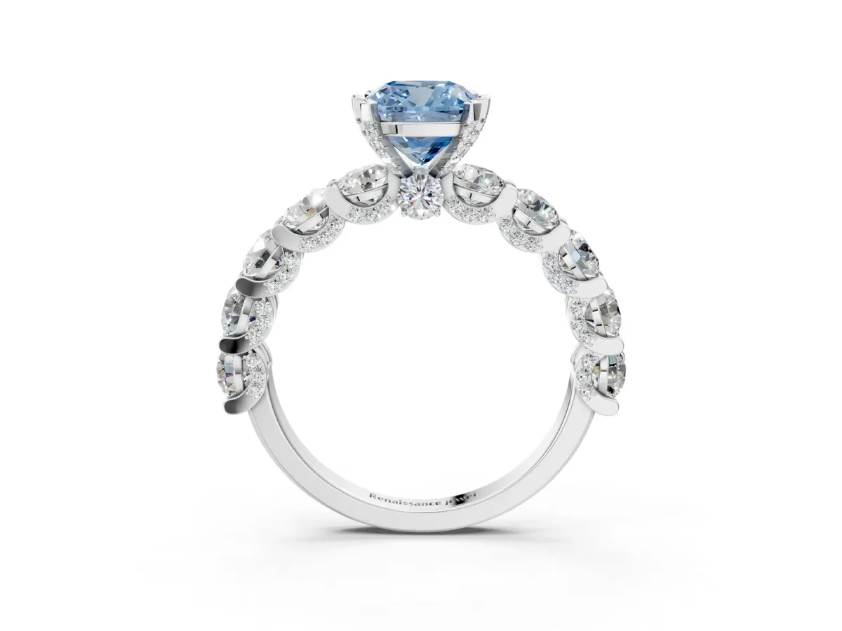 Fancy Blue Cushion Cut Diamond Side Stone Engagement Ring with Four-Prong Setting Silver