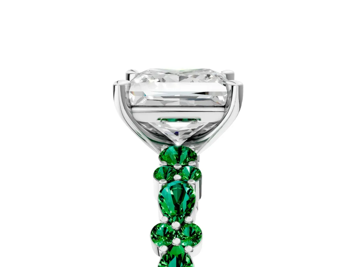 Princess Cut Diamond Side Stone Solitaire Ring with Round Emerald and Four-Prong Setting Platinum