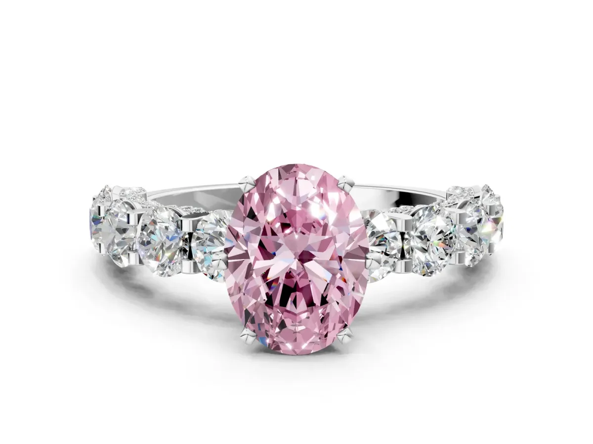 Fancy Pink Oval Cut Diamond Side Stone Engagement Ring with Four-Prong Setting Silver