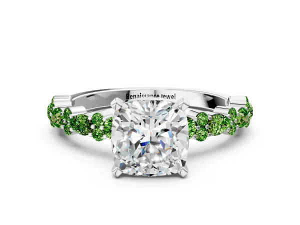 Cushion Cut Diamond Side Stone Solitaire Ring with Round Peridot and Four-Prong Setting Platinum