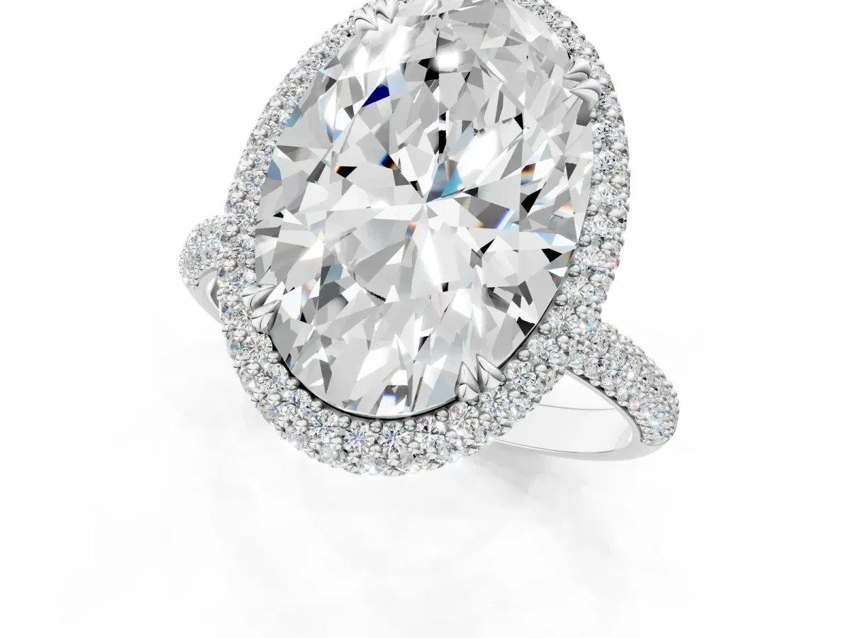 Oval Diamond Halo Ring with Round Diamond Accents Silver